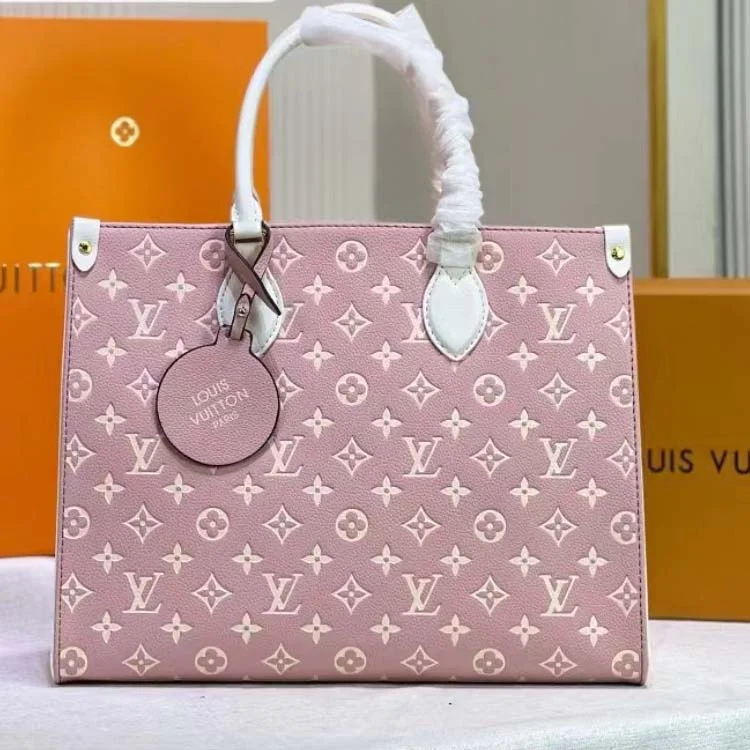 Louis Vuitton LV Women OnTheGo MM Tote Bag Pink Printed Embossed Grained Cowhide