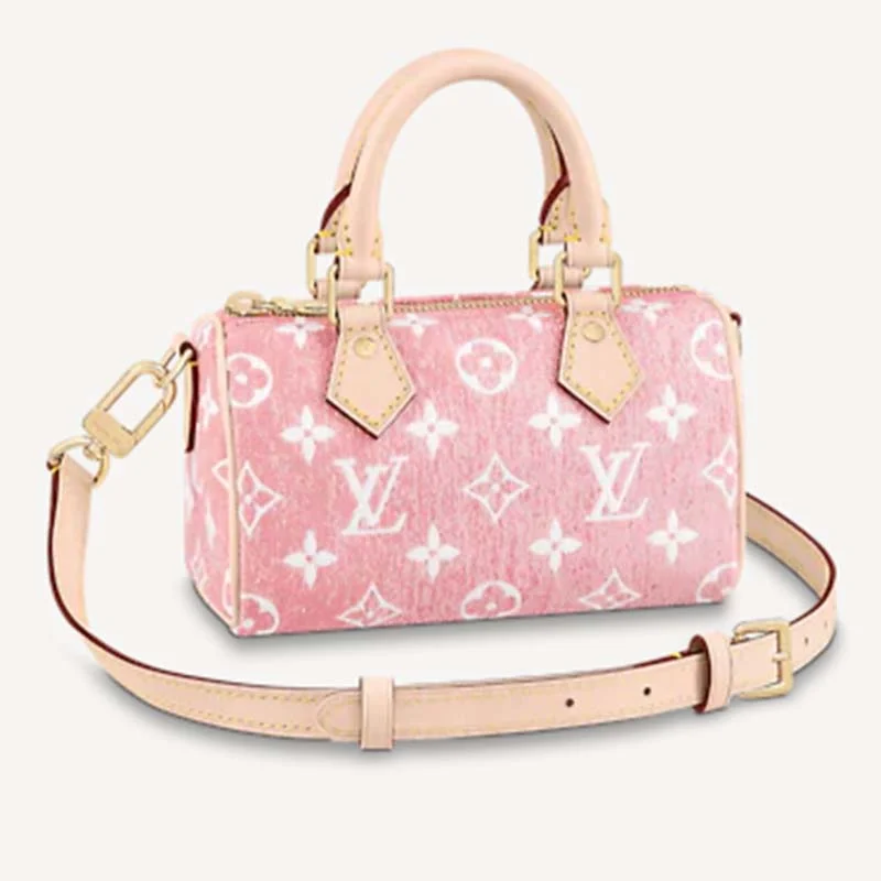 Louis Vuitton LV Women Nano Speedy Monogram Jacquard Denim Pink Cowhide Leather