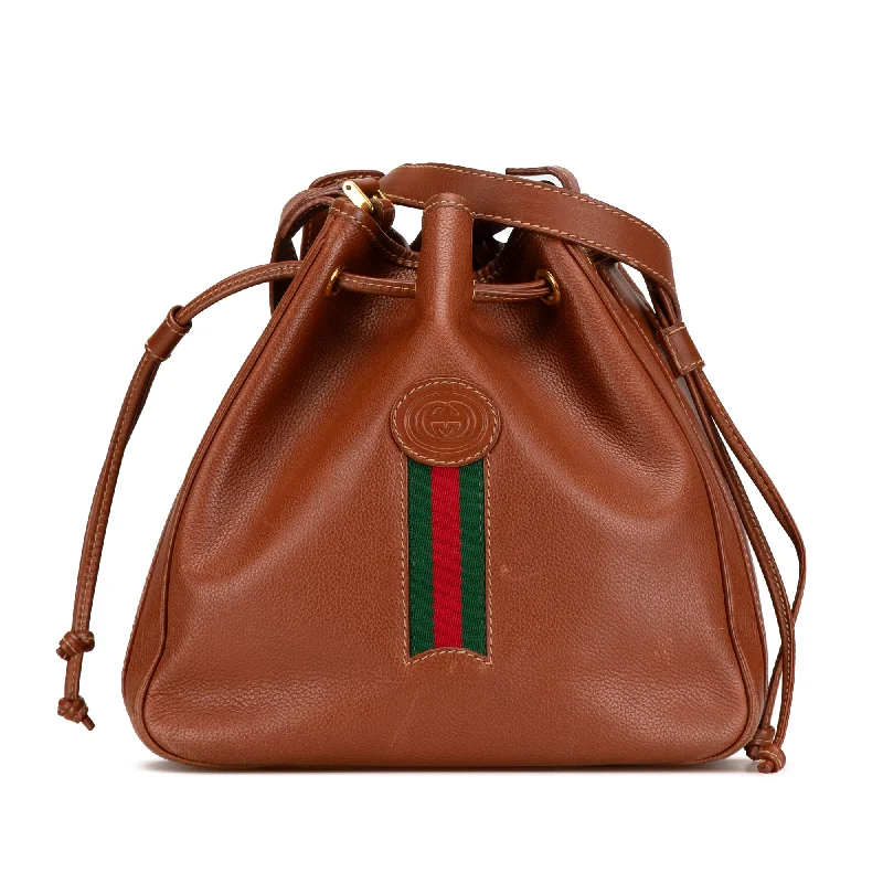 Brown Gucci Leather Web Bucket Bag