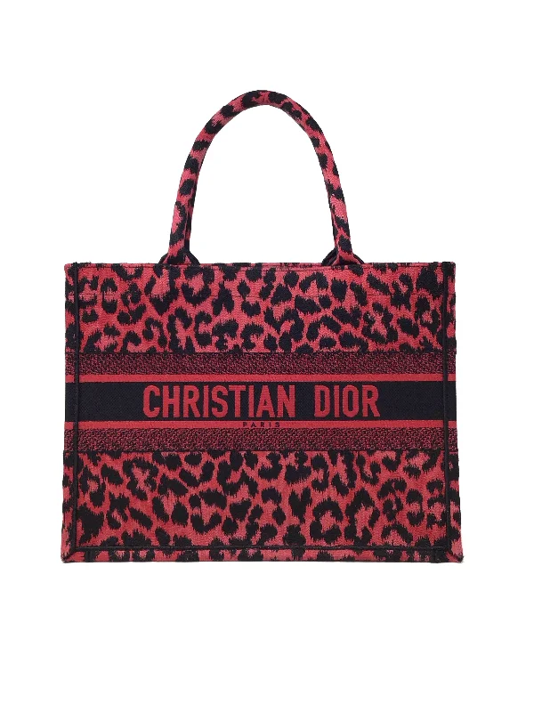 Christian Dior Red/Black MD 'Book Tote' Leopard Embroidered Bag