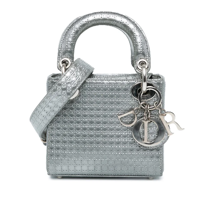 Silver Dior Micro Calfskin Microcannage Lady Dior Crossbody Bag