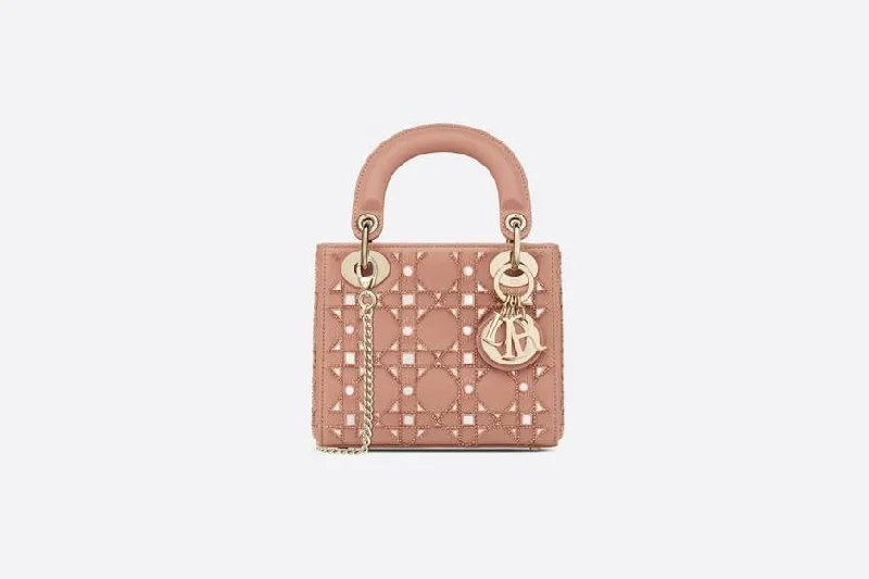 Mini Lady Christian Dior Bag Rose Des Vents Calfskin with Cannage Embroidery in Threaded Pearls