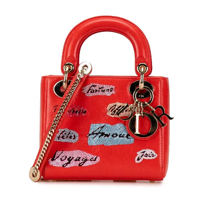 Red Dior Mini Calfskin Sequin Embellished Lady Dior Satchel